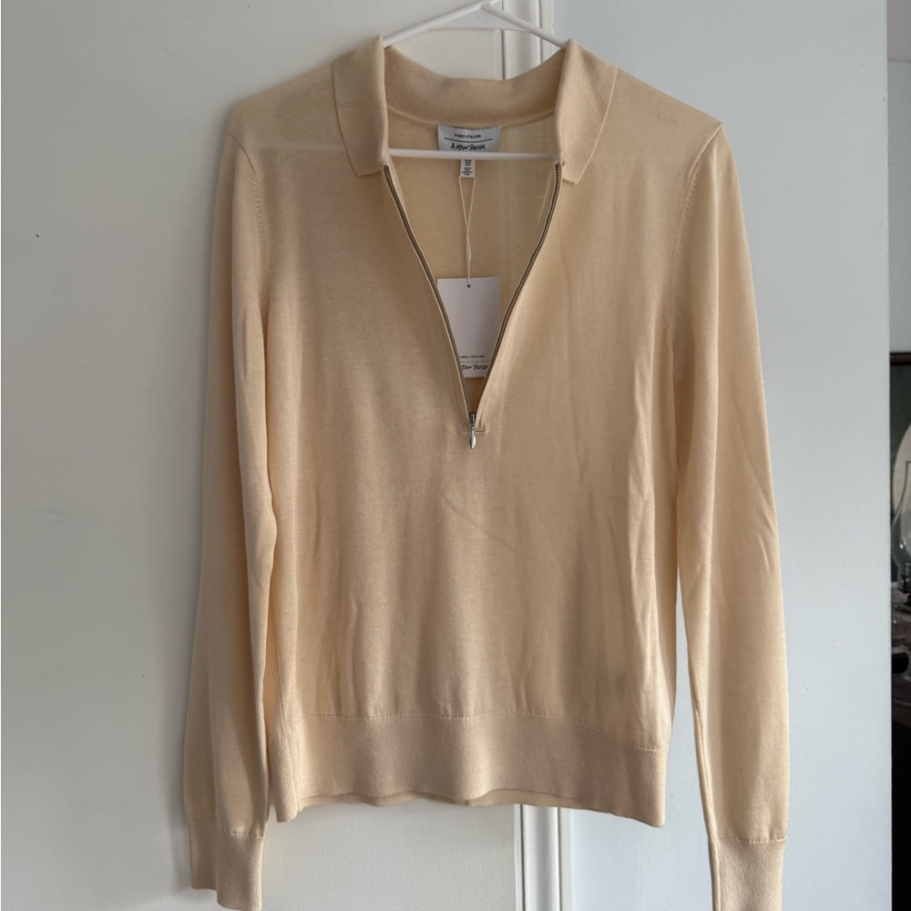 & Other Stories Cream Zip V-Neck Knit Sweater